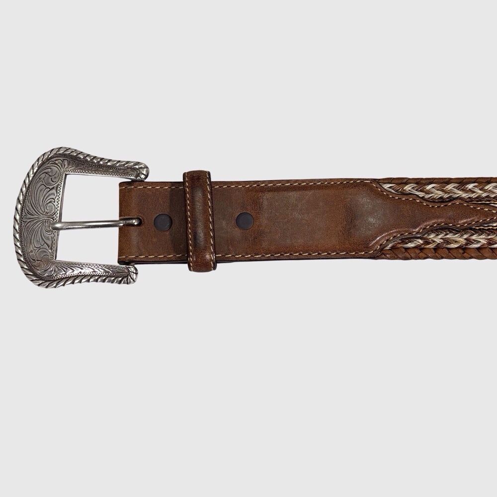 Tony Lama Leather Belt Men's Sz 34 Western Badlands Horsehair Ribbon Inlay Brown - Picture 3 of 12